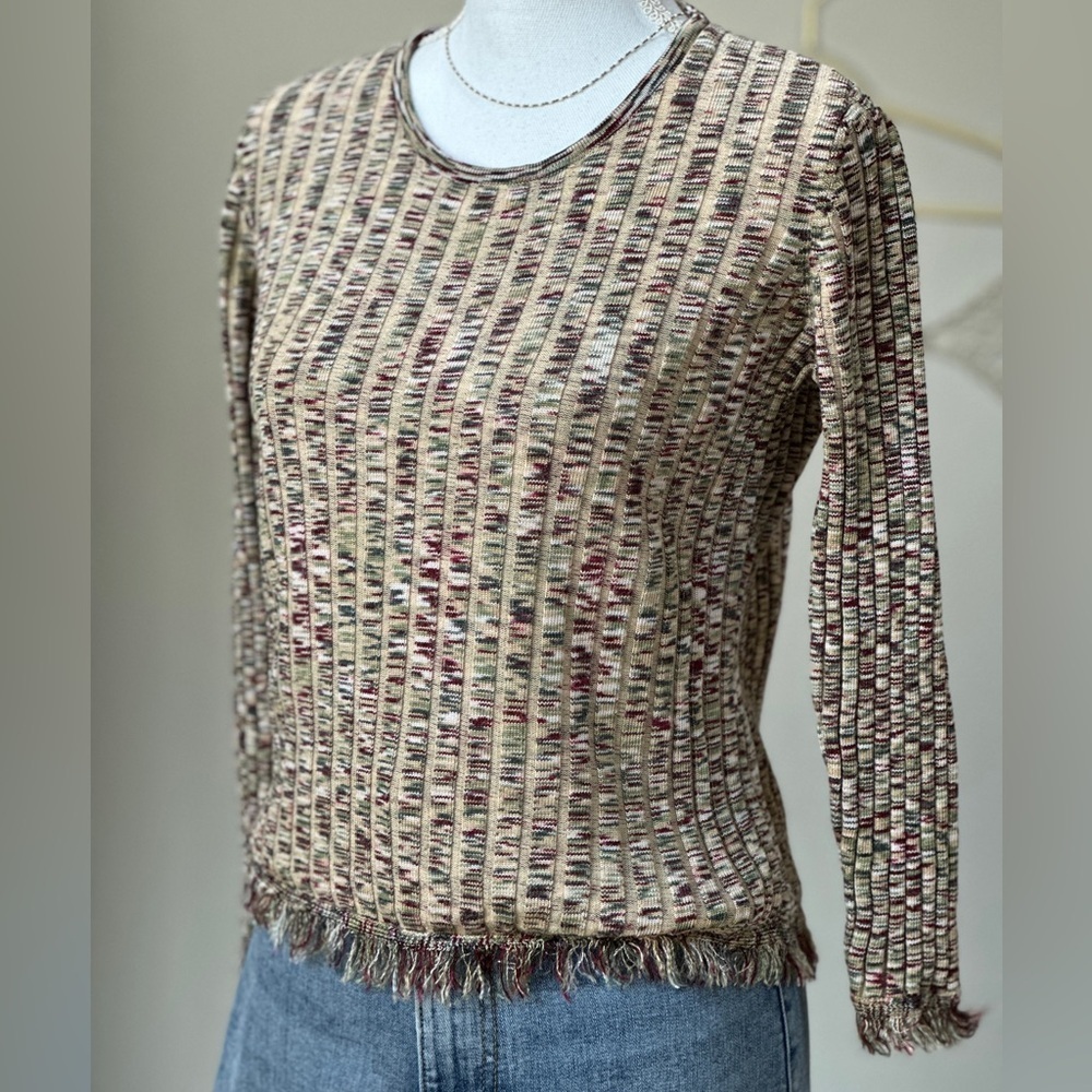 Boho multicolor knit crewneck cropped sweater with fringe detail